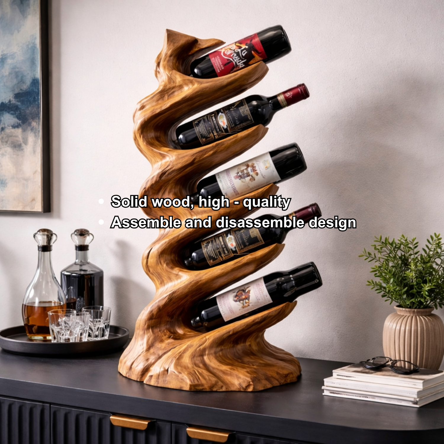 Solid Wood Sculptural Wine Holder with Vertical Wave Design Bottle Display Stand
