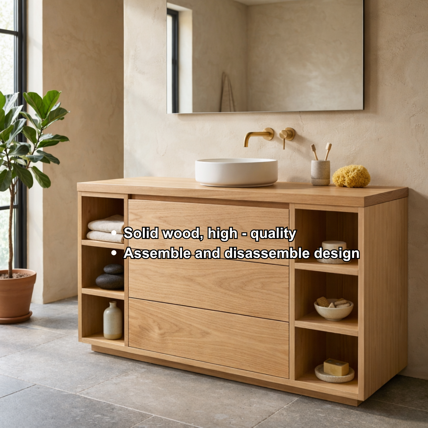 Solid Wood Bathroom Vanity with Three Drawers and Open Side Shelves on Both Sides