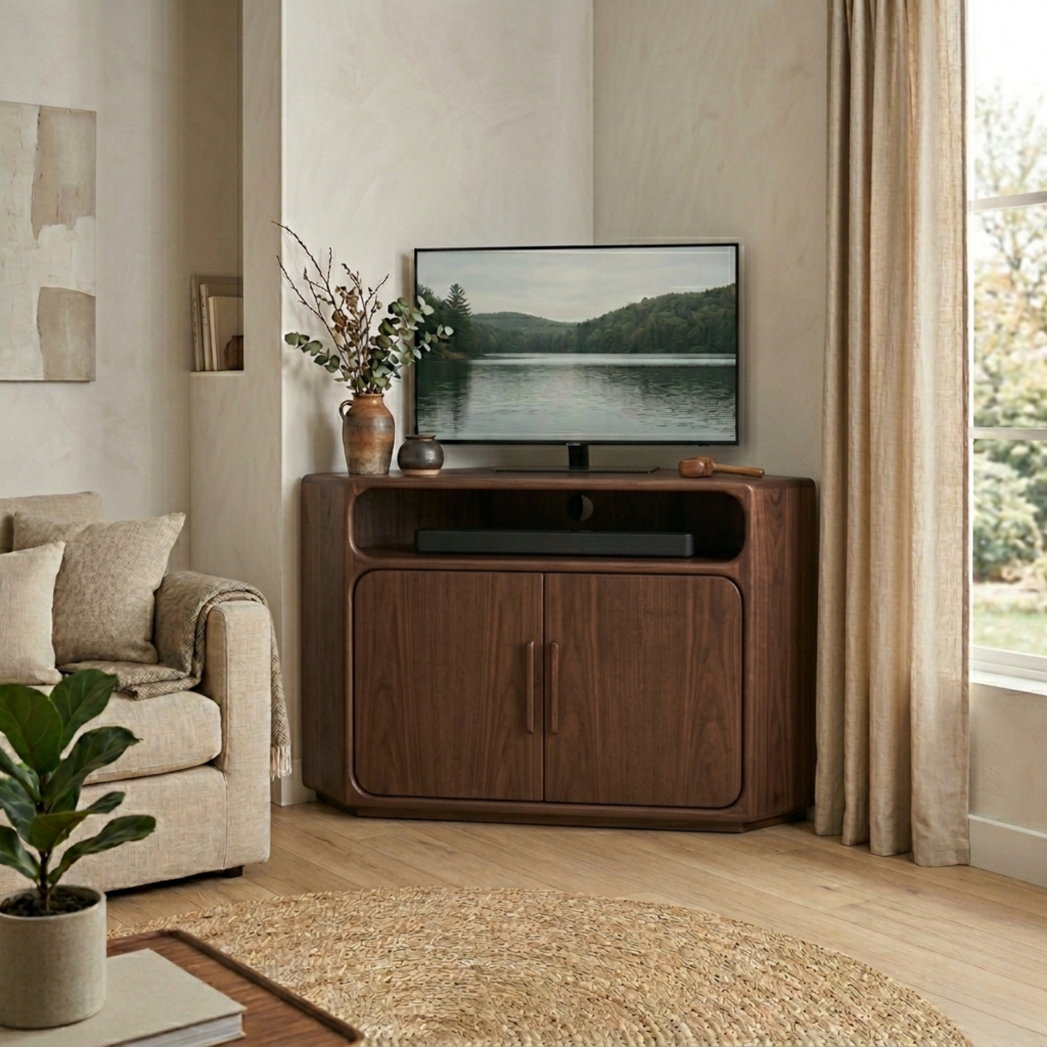 Solid Wood Corner TV Stand with Rounded Edges and Cabinet Storage – Corner Media Console