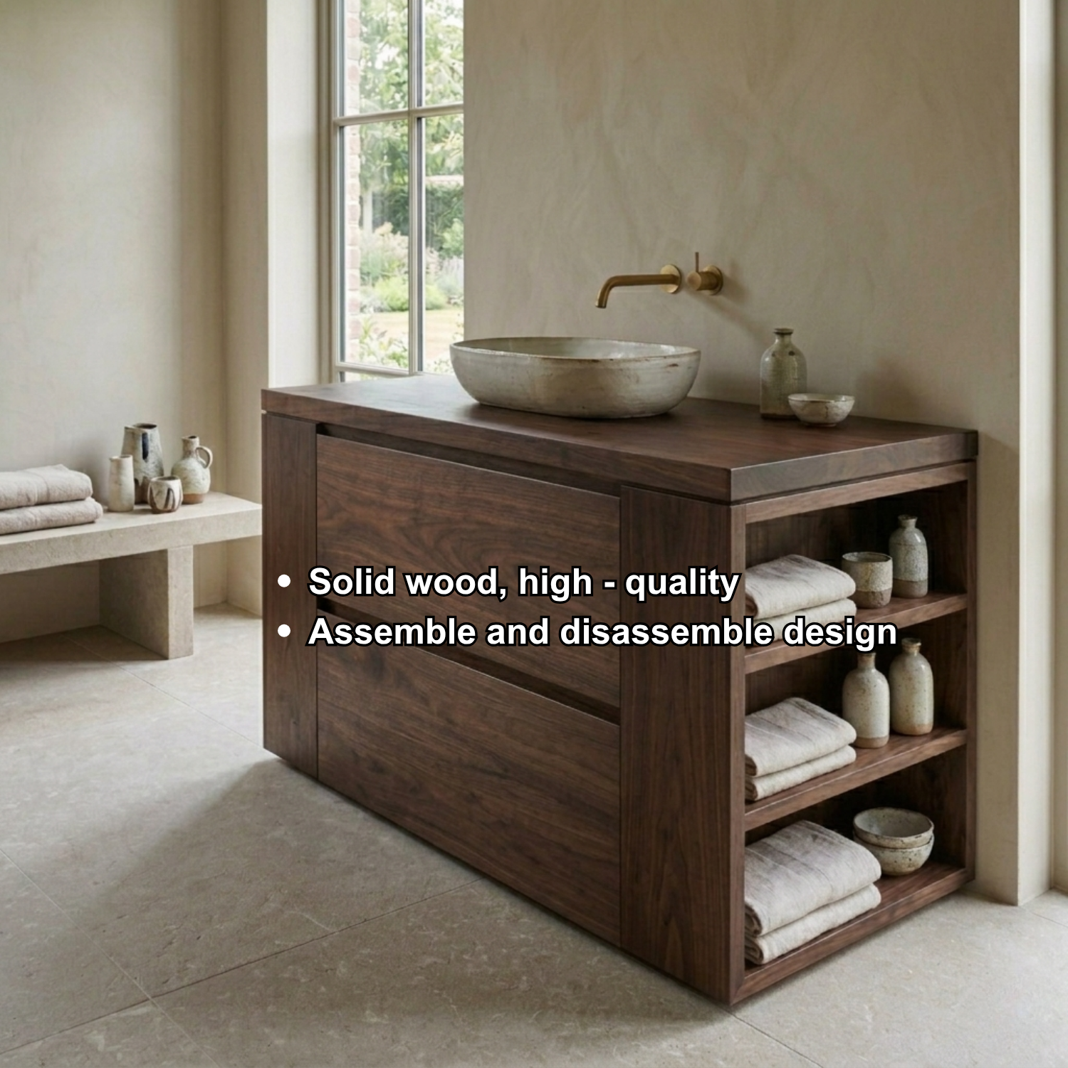 Solid Wood Bathroom Vanity with Double Drawers and Side Open Storage Shelves