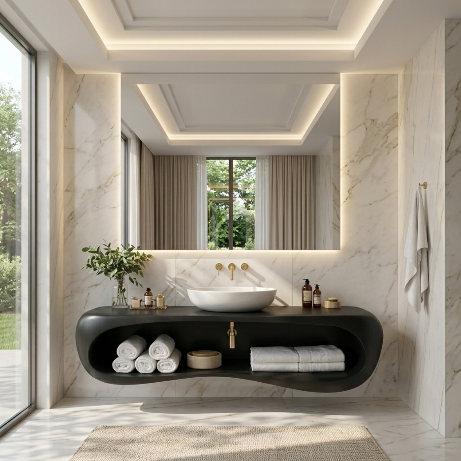 Solid Wood Floating Bathroom Vanity with Curved Open Shelf – Modern Wall Mounted Vanity
