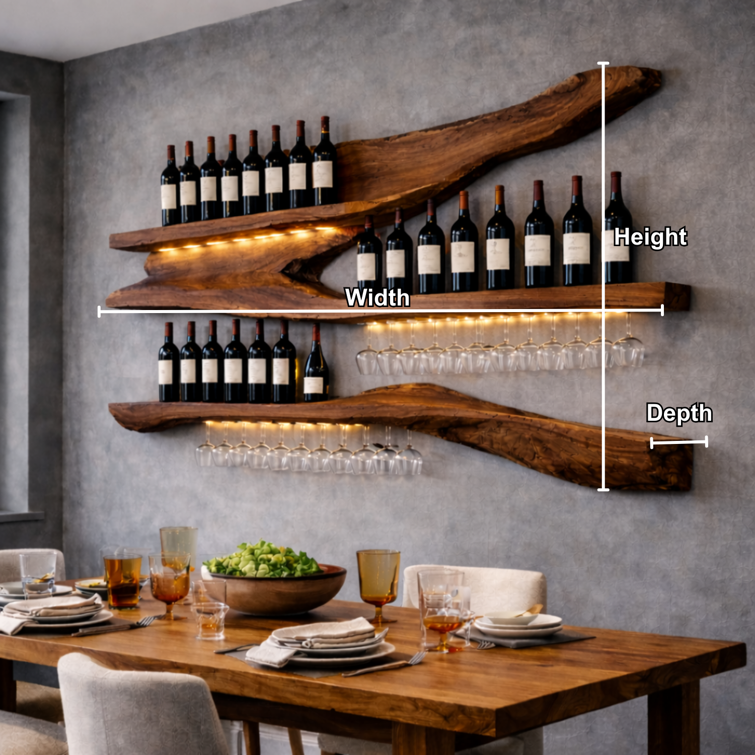 Solid Wood Live Edge Wall Wine Rack with Floating Shelves and Hanging Glass Holder