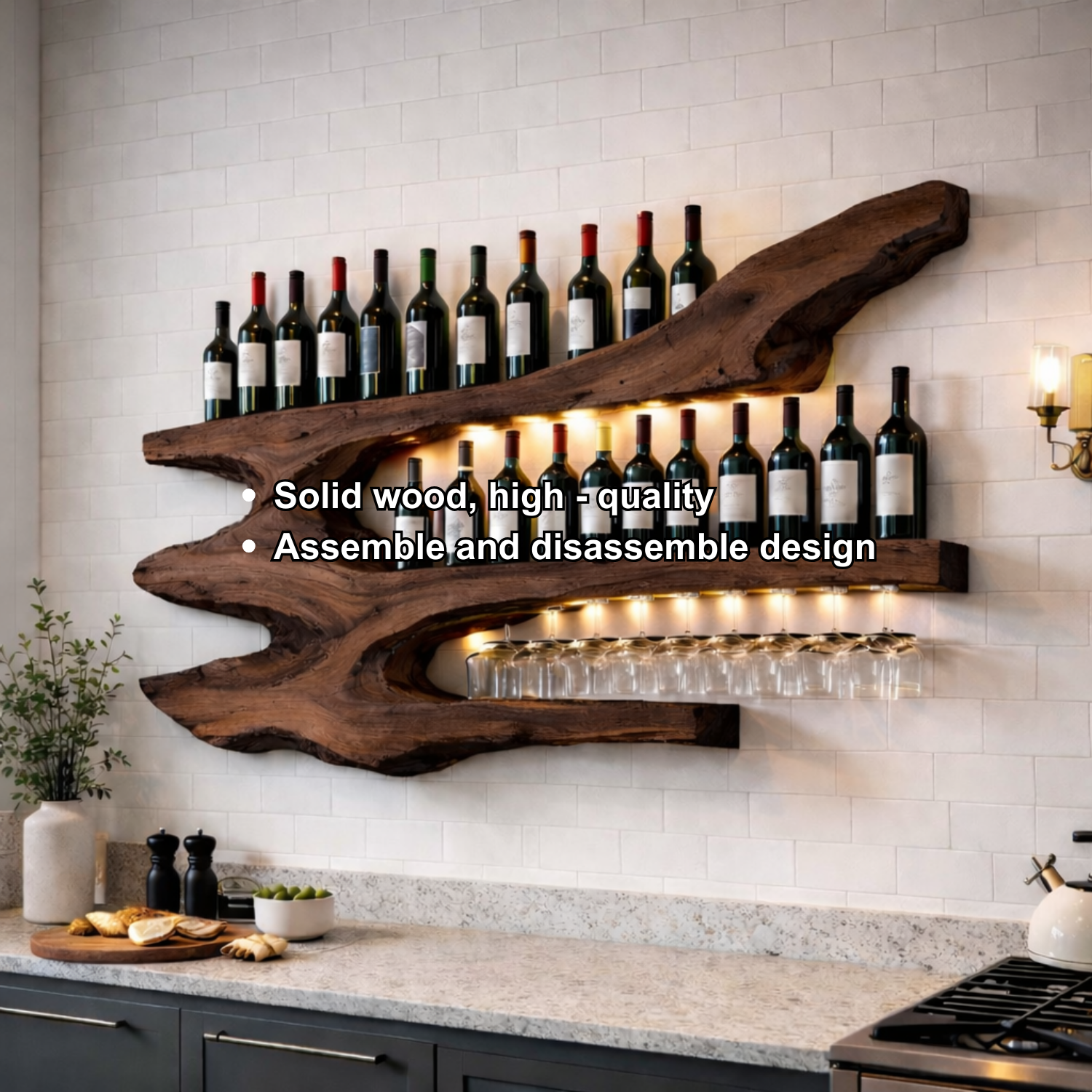 Solid Wood Live Edge Wall Wine Rack with Multi Bottle Shelves and Hanging Glass Holder