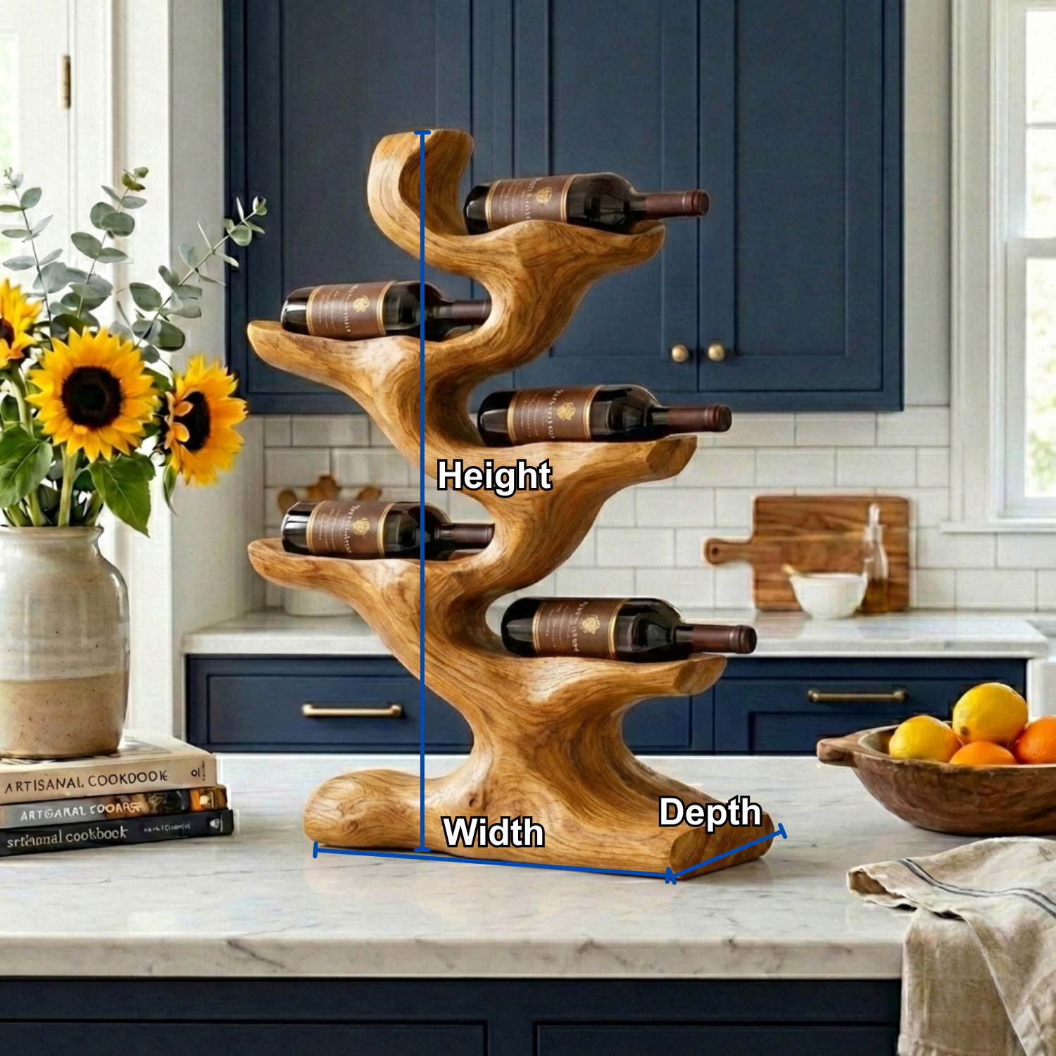 Handcrafted Solid Wood Wine Holder – Sculptural Tree Countertop Wine Rack