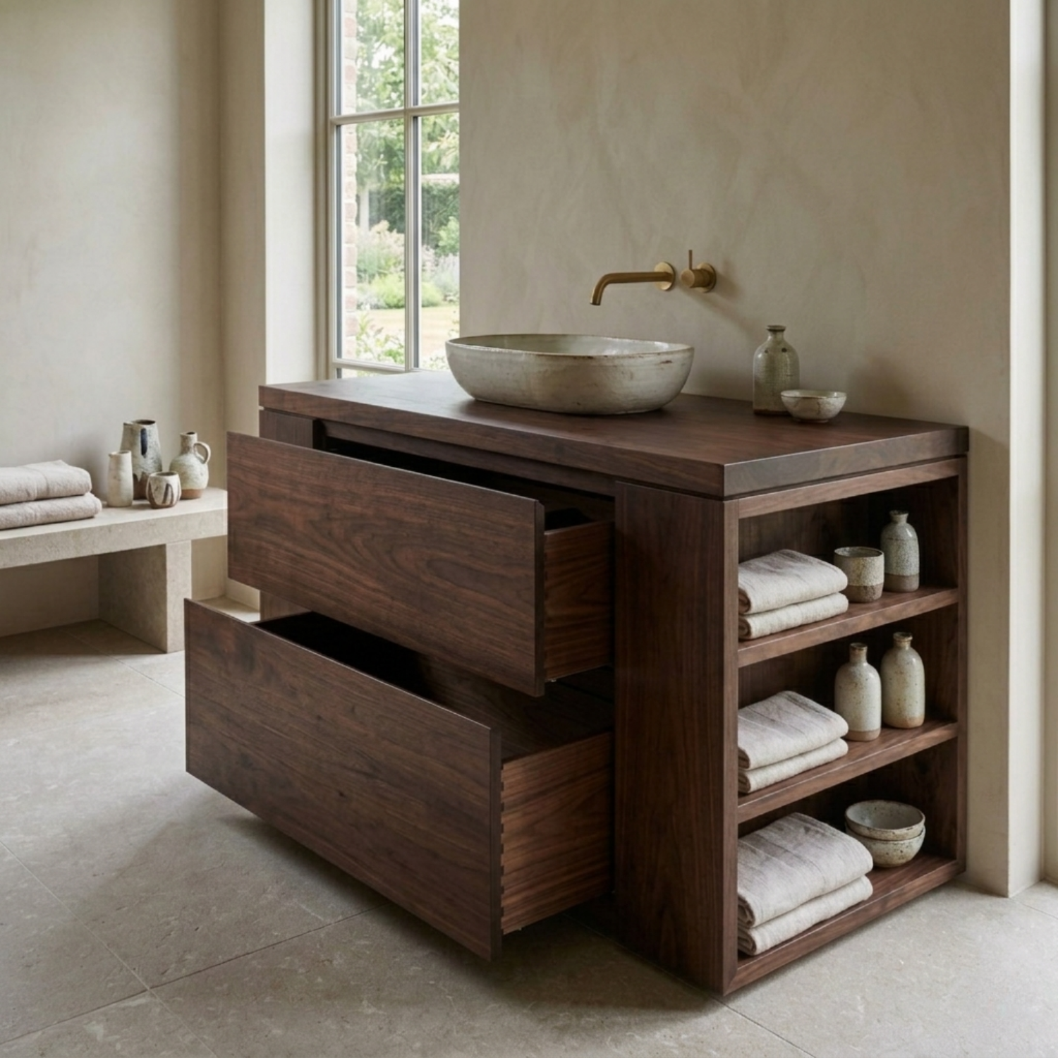 Solid Wood Bathroom Vanity with Double Drawers and Side Open Storage Shelves