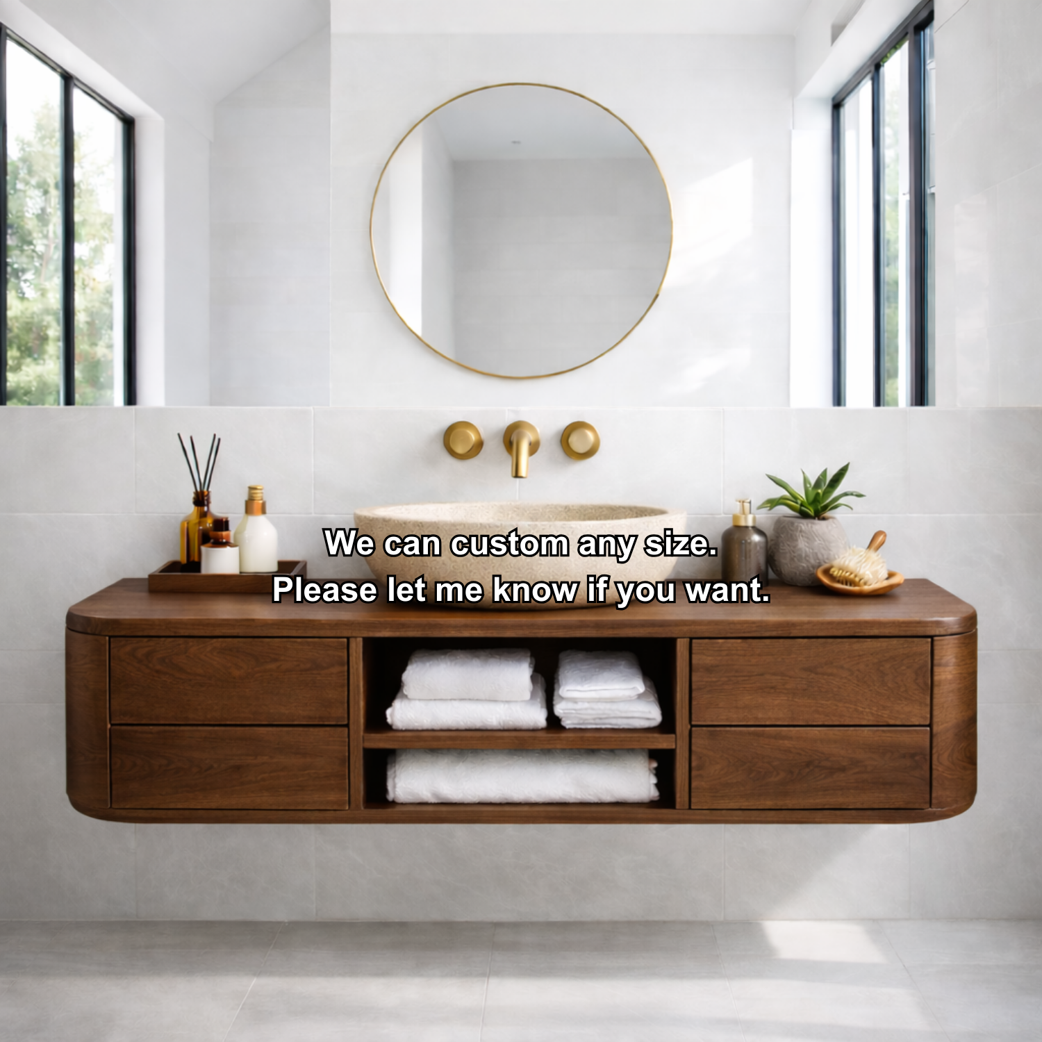 Floating Solid Wood Bathroom Vanity with Drawers & Open Shelf – Modern Wall Mounted