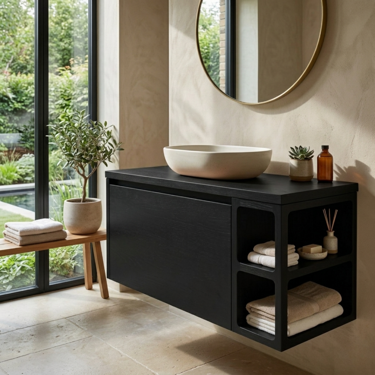 Floating Solid Wood Bathroom Vanity with Cabinet Storage and Sculpted Side Shelves