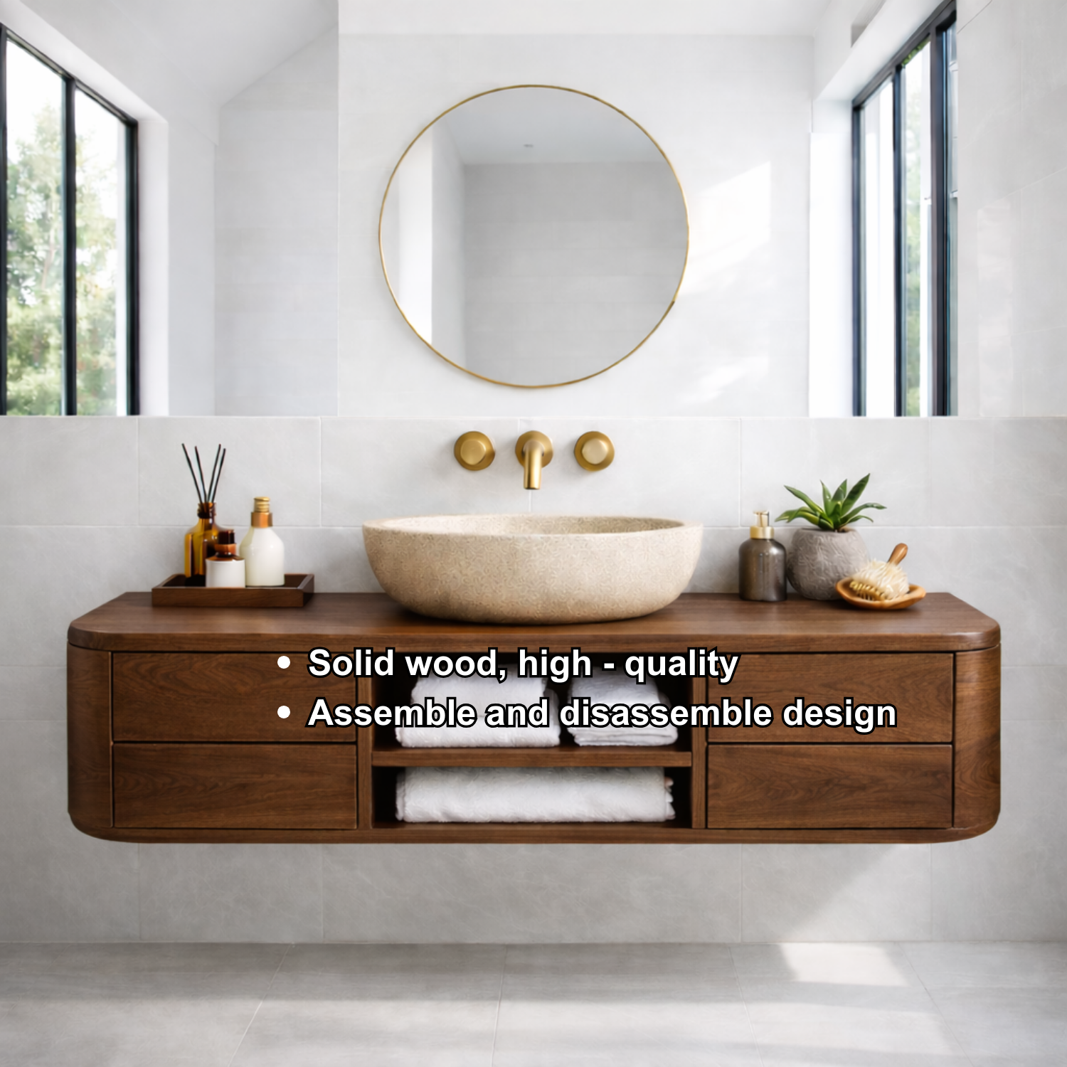 Floating Solid Wood Bathroom Vanity with Drawers & Open Shelf – Modern Wall Mounted