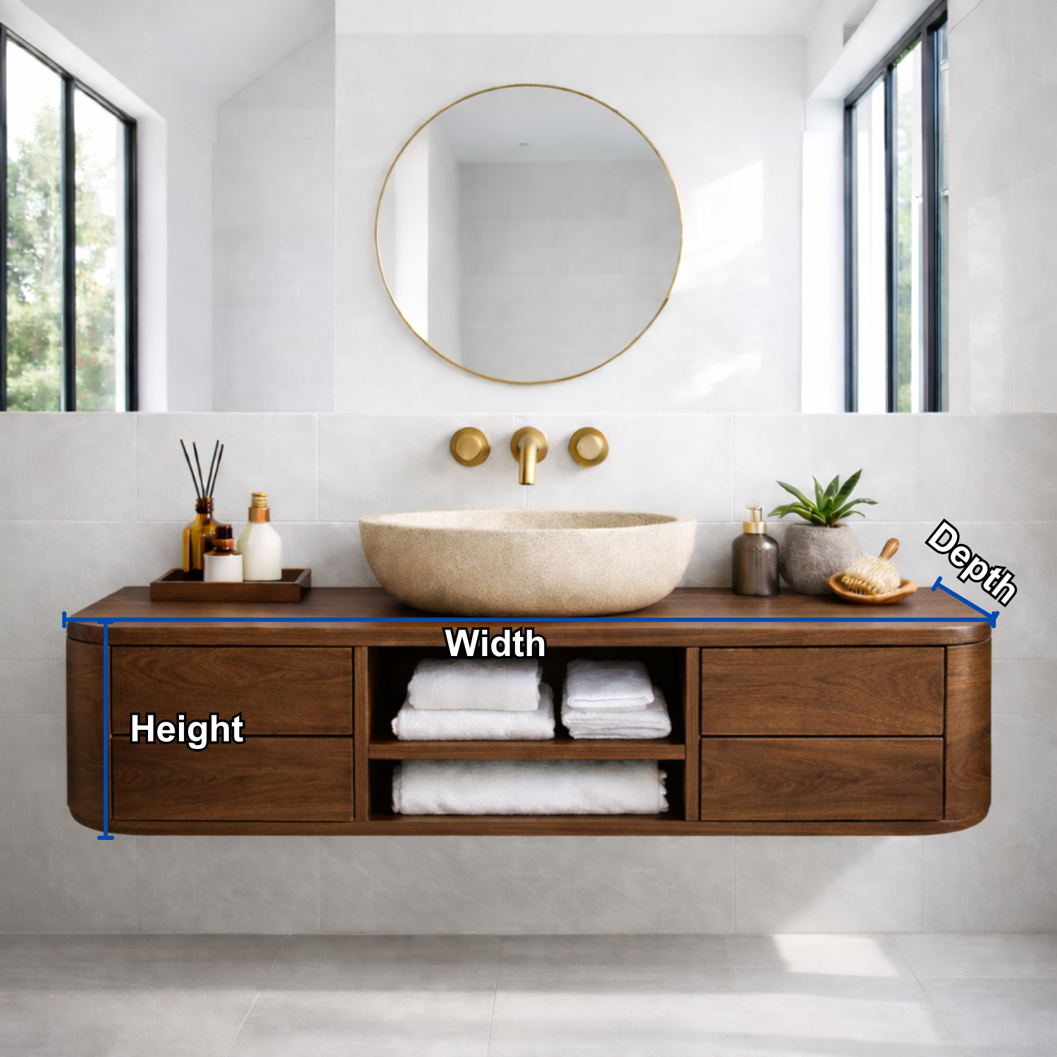 Floating Solid Wood Bathroom Vanity with Drawers & Open Shelf – Modern Wall Mounted