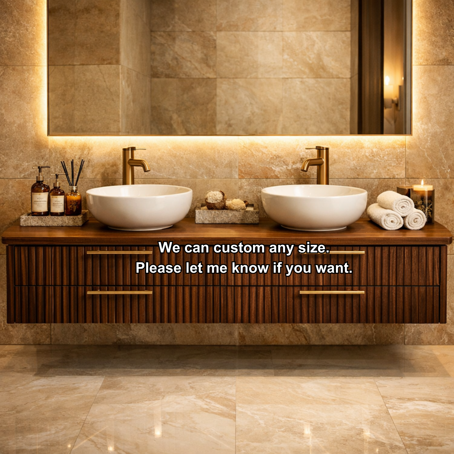 Floating Bathroom Vanity with Fluted Wood Front and Four Drawer Storage Design