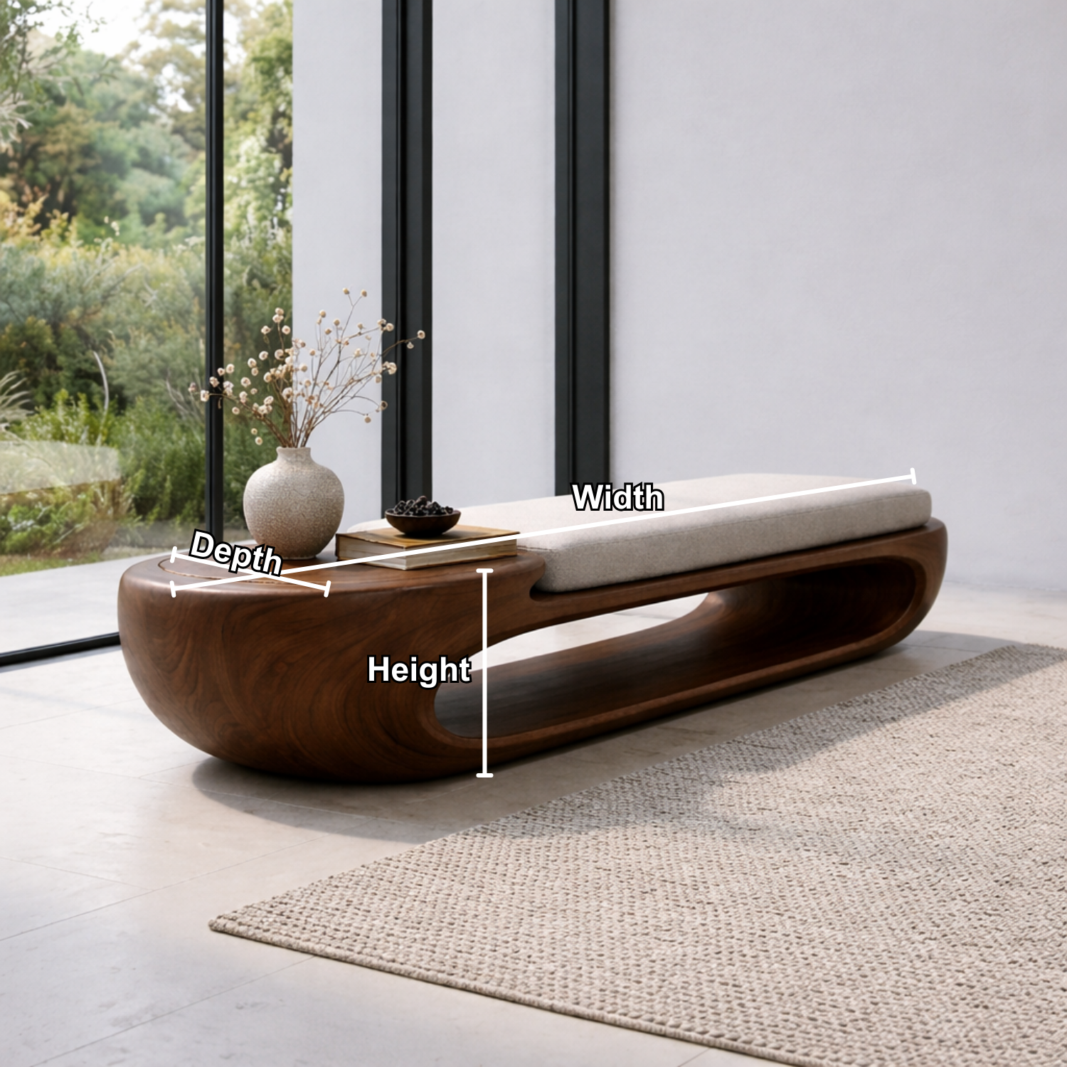 Organic Curved Solid Wood Entryway Bench with Sculptural Open Base Design