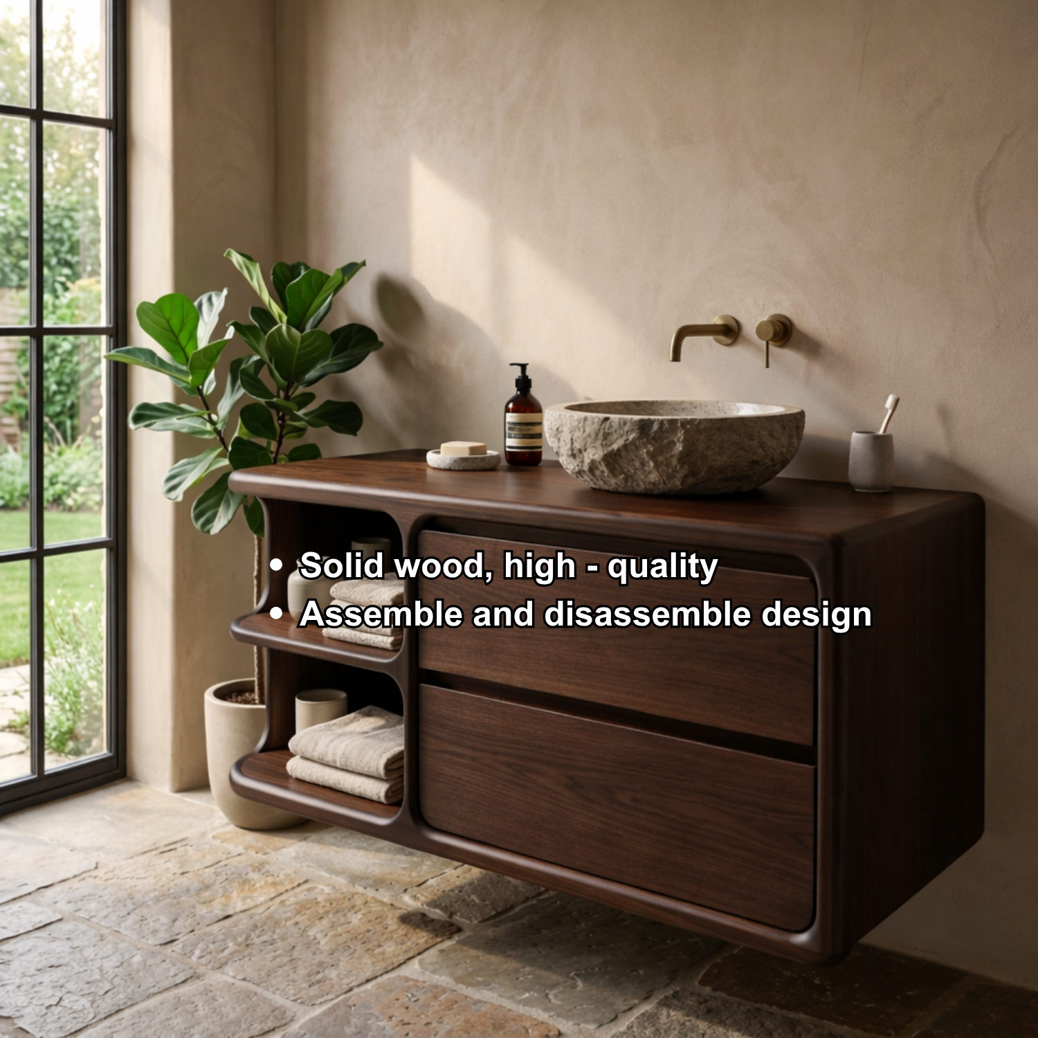 Floating Solid Wood Bathroom Vanity with Curved Frame, Two Drawers and Sculpted Open Shelves