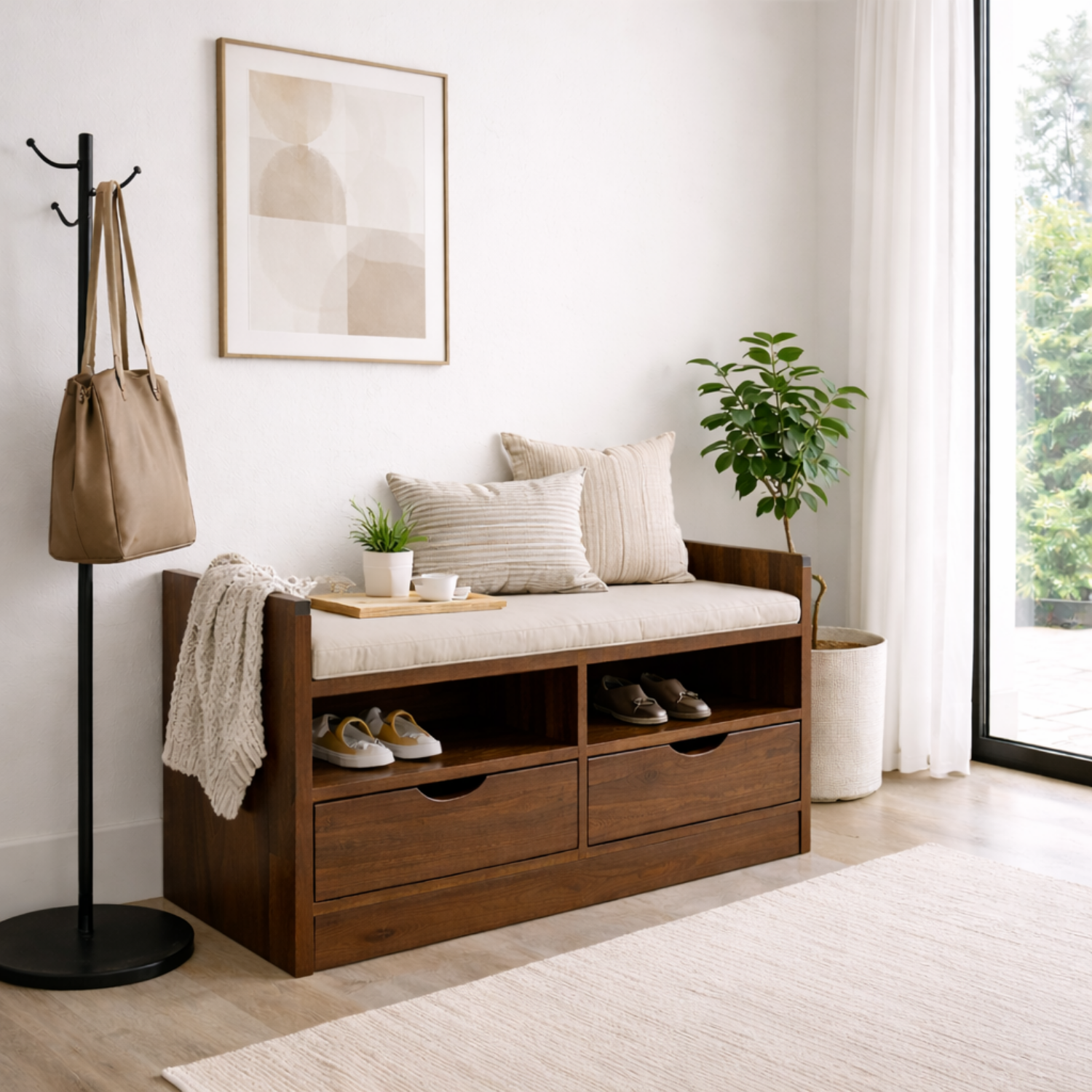 Solid Wood Storage Bench with Drawers & Open Shelf Entryway Shoe Organizer