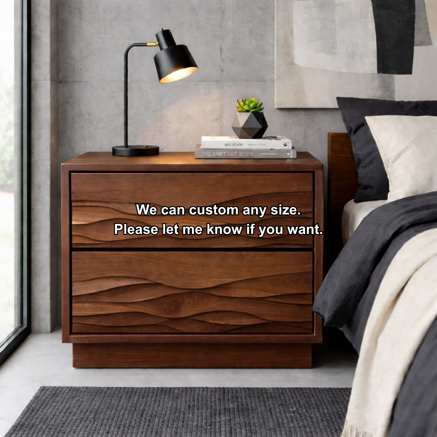 Solid Wood Nightstand with Wave Carved Drawers – Modern Rustic Bedside Table with Storage