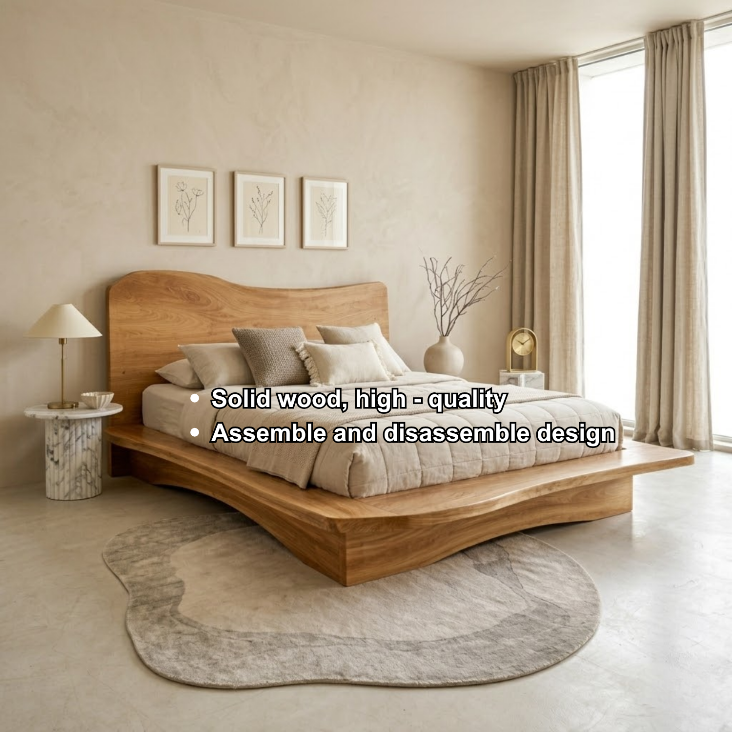 Solid Wood Platform Bed Frame with Sculpted Wave Headboard and Floating Base