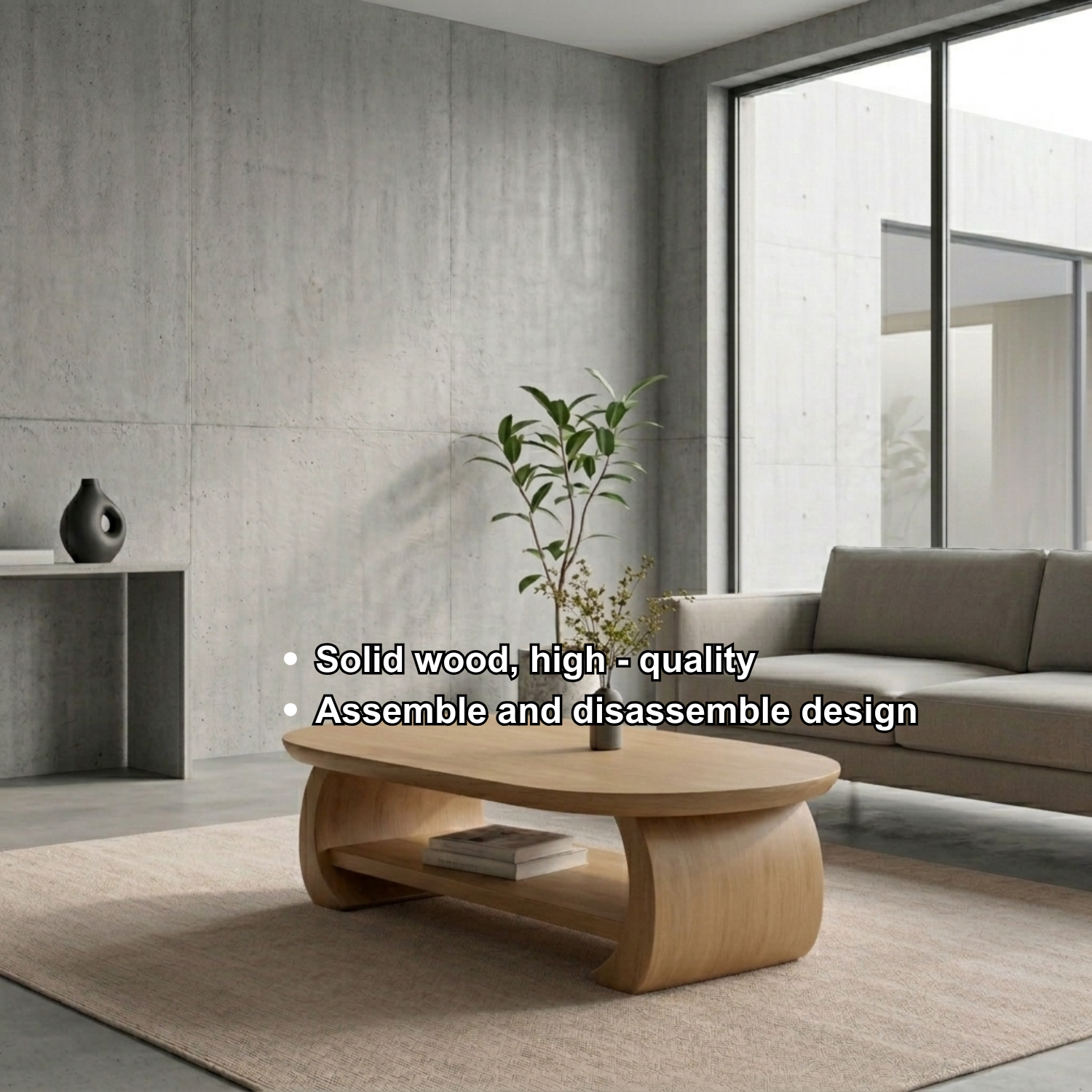 Solid Wood Oval Coffee Table with Shelf – Modern Minimalist Living Room Table