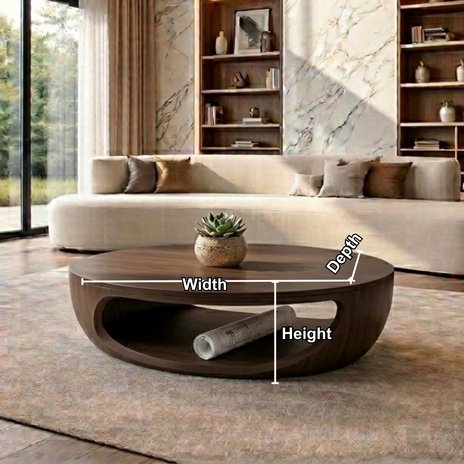 Solid Wood Round Coffee Table with Open Base – Modern Sculptural Living Room Table