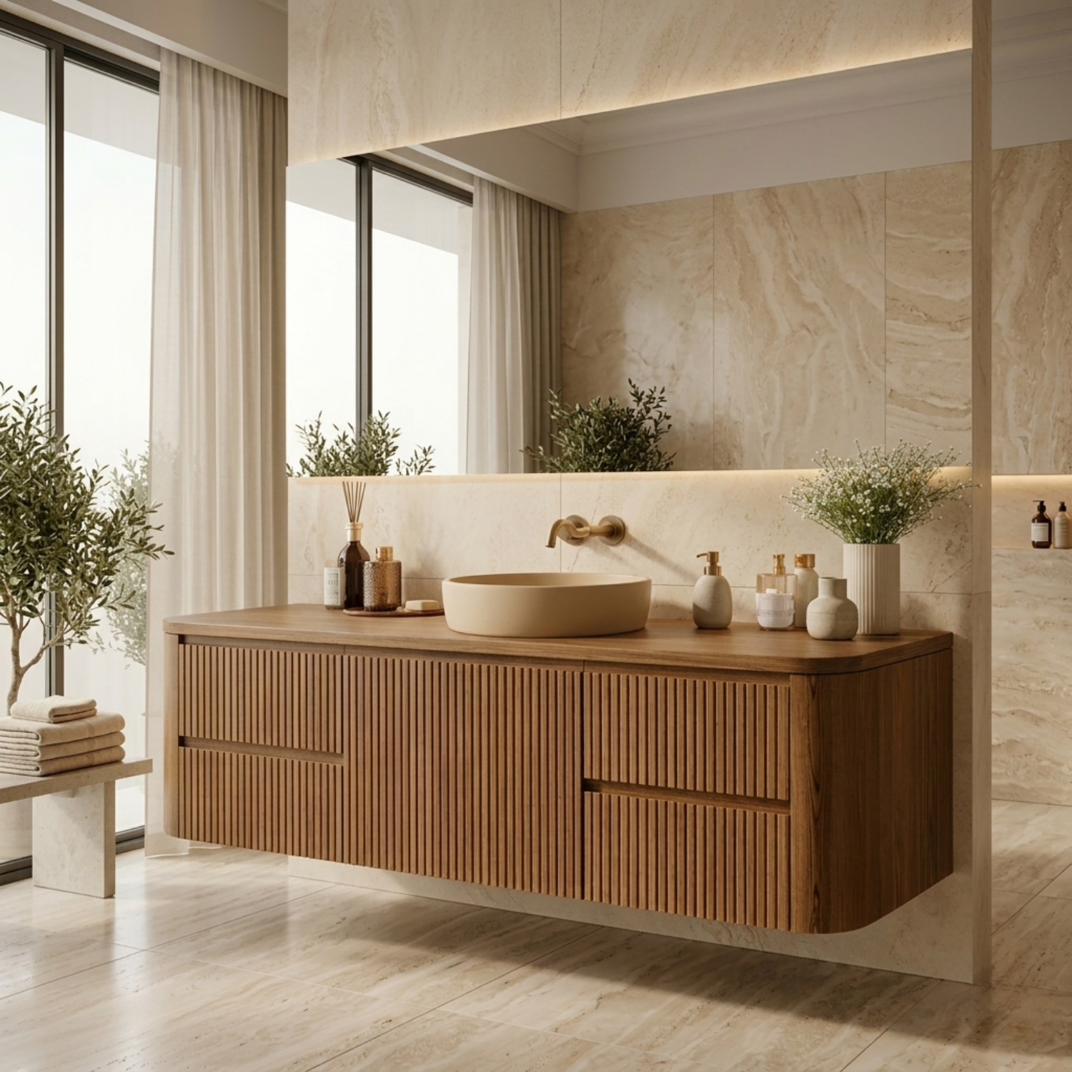 Floating Bathroom Vanity with Ribbed Design and Spacious Drawers – Handcrafted Solid Wood