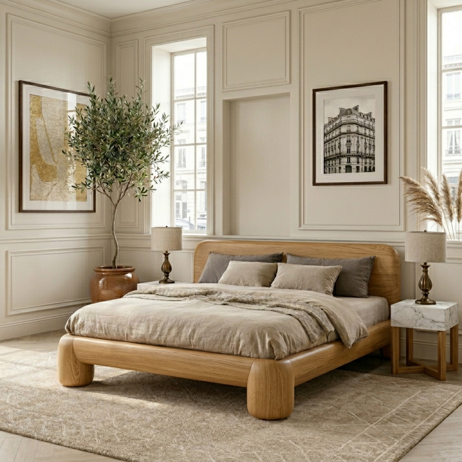 Solid Wood Platform Bed Frame with Rounded Corners and Sculpted Legs
