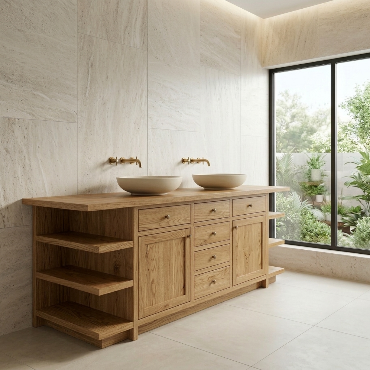 Double Solid Wood Bathroom Vanity - Handcrafted Farmhouse Cabinet with Side Shelves