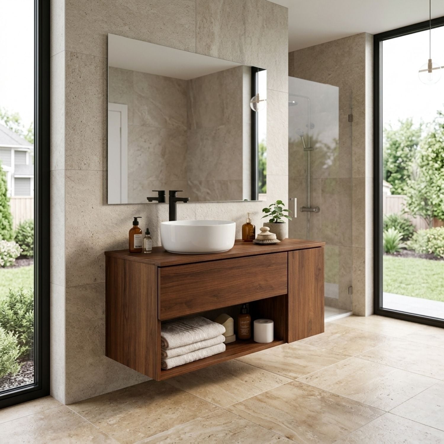 Floating Bathroom Vanity with Drawer and Open Shelf Storage Solid Wood Cabinet