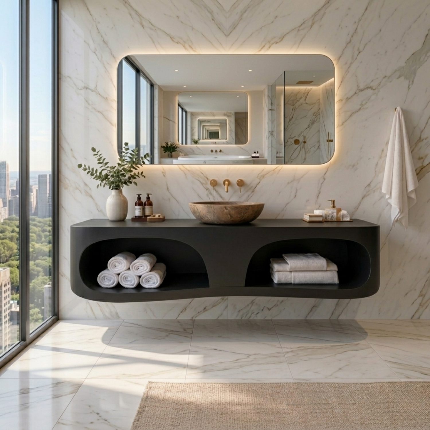 Solid Wood Floating Bathroom Vanity with Open Shelf – Modern Wall Mounted Vanity