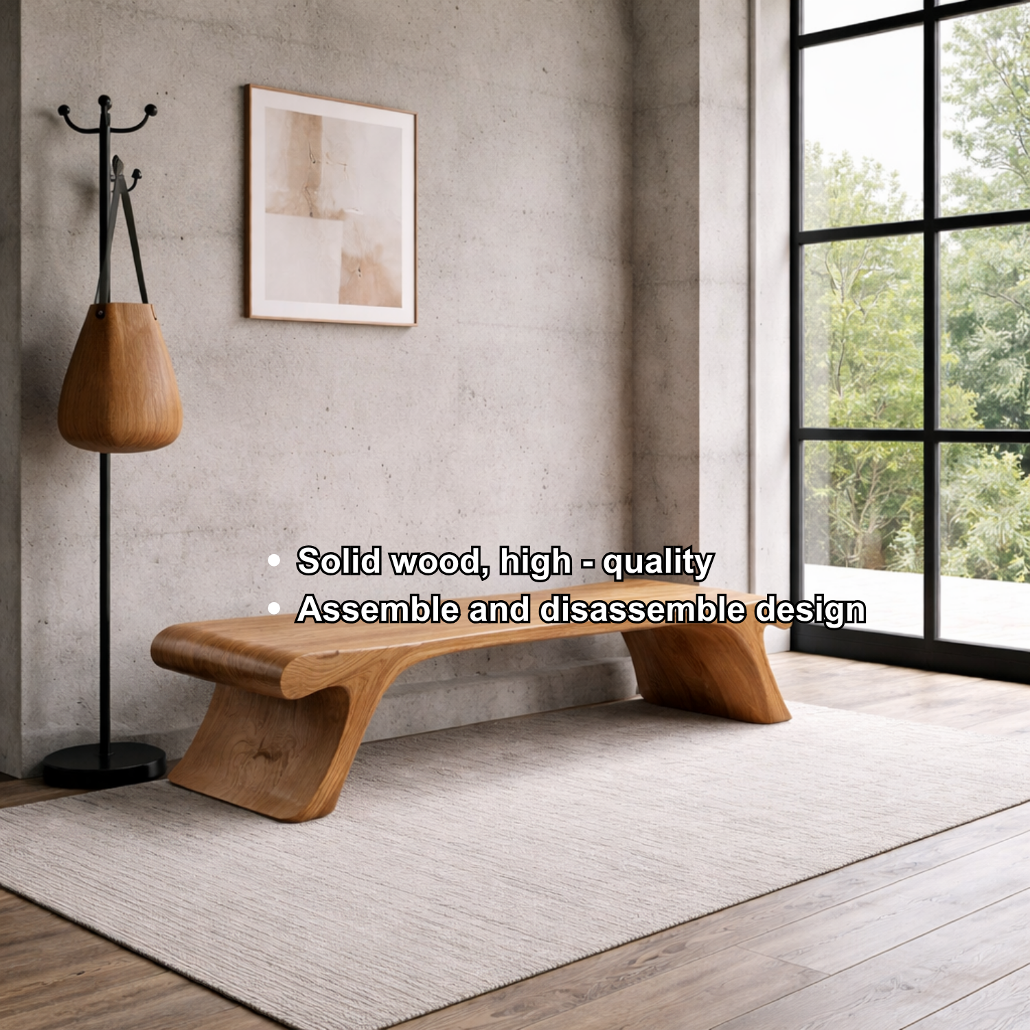 Solid Wood Entryway Bench Low Profile Sculptural Design Modern Minimalist Seating