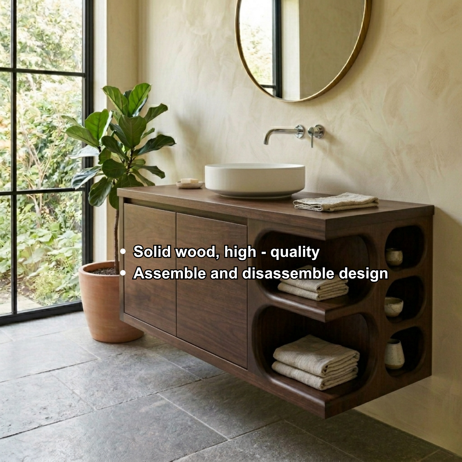 Floating Solid Wood Bathroom Vanity with Cabinet Doors and Sculpted Side Storage