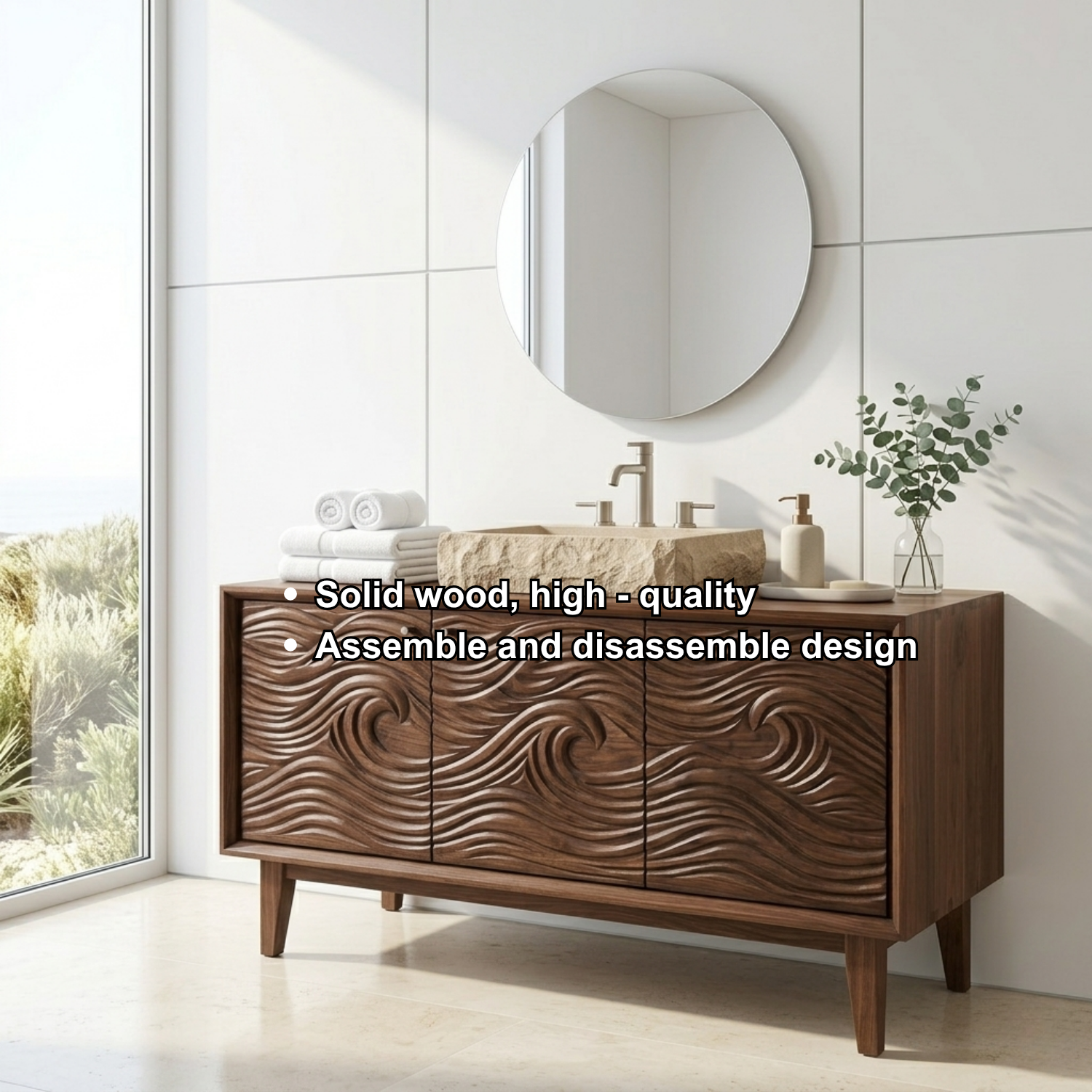 Handcrafted Wave Carved Solid Wood Bathroom Vanity - Modern Organic Credenza Cabinet