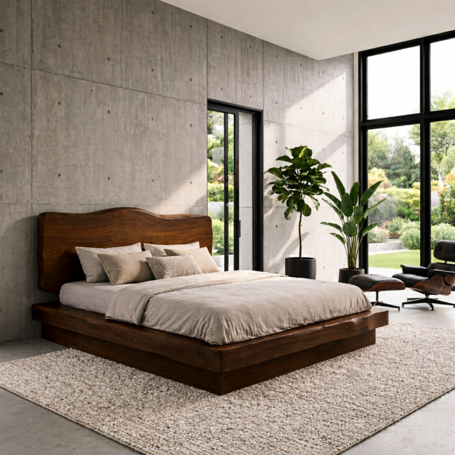 Live Edge Solid Wood Platform Bed Frame with Sculpted Natural Headboard