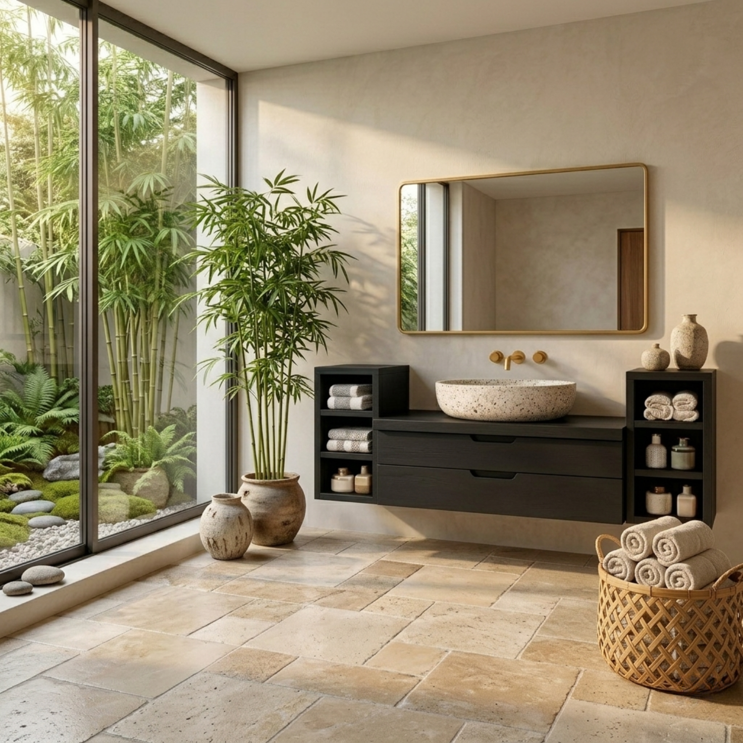 Floating Solid Wood Bathroom Vanity with Double Drawers and Open Side Shelves on Both Sides