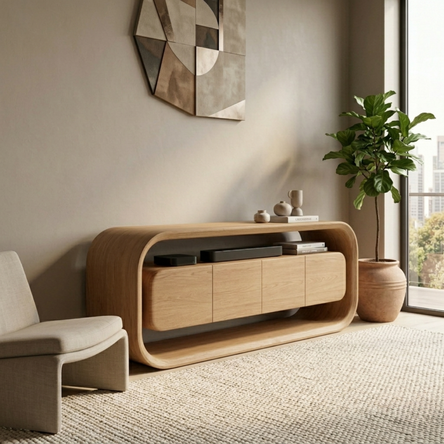Solid Wood TV Stand with Sculpted Rounded Frame and Floating Cabinet Storage