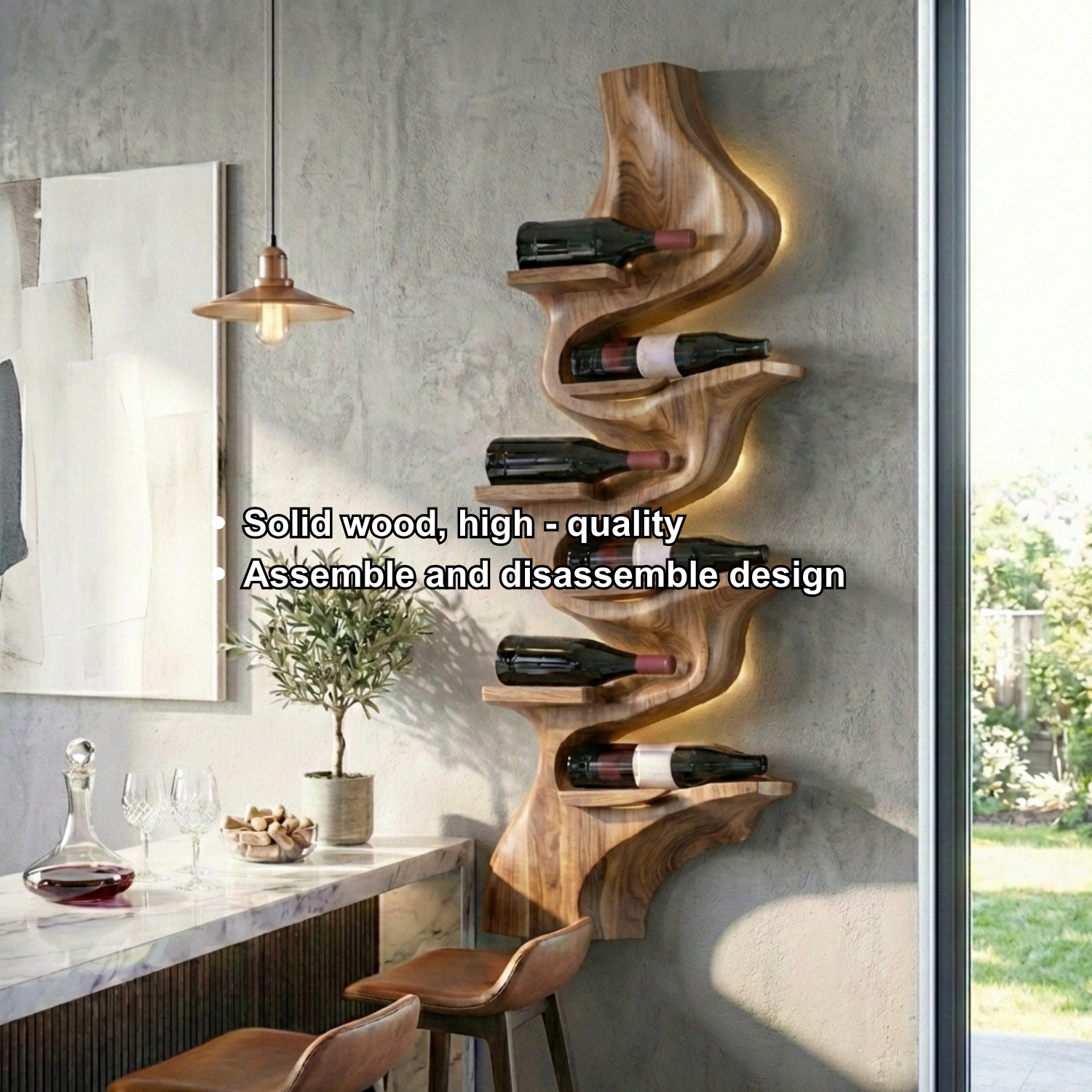 Handcrafted Solid Wood Vertical Wine Holder – Sculptural Wall Mounted Wine Rack
