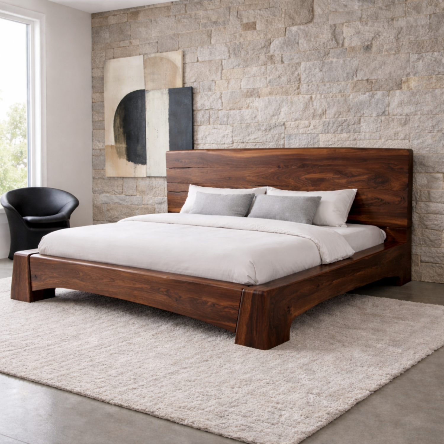 Solid Wood Platform Bed Frame with Wide Panel Headboard and Sculpted Base