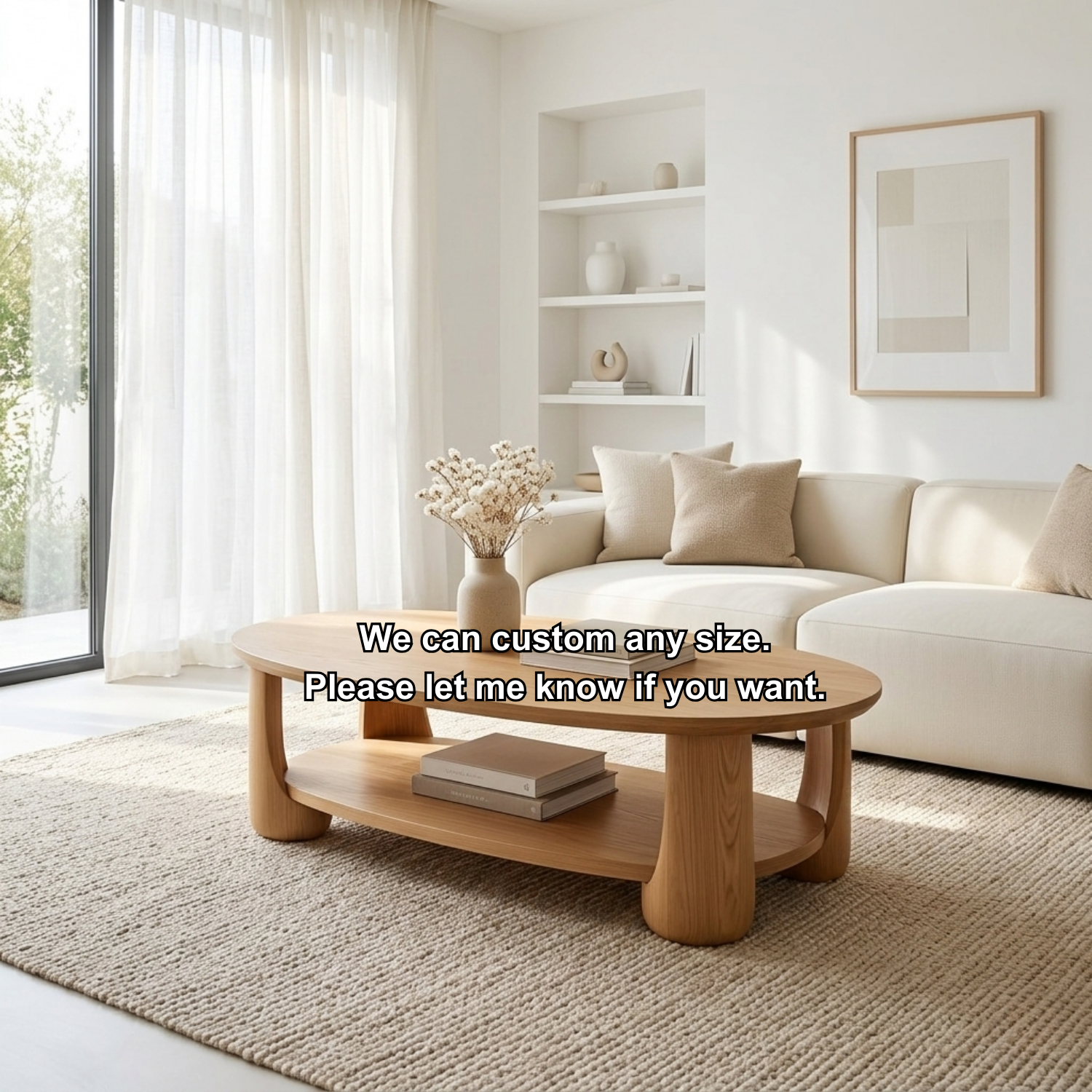 Solid Wood Oval Coffee Table with Shelf – Modern Minimalist Living Room Table
