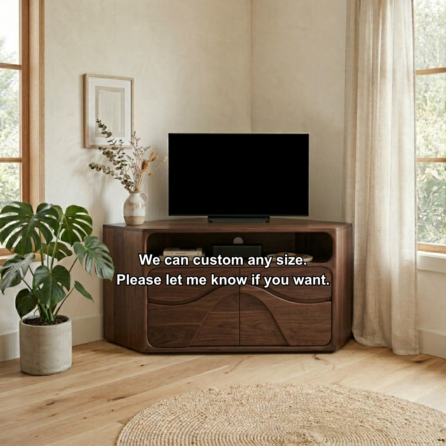 Solid Wood Corner TV Stand with Curved Cabinet Doors and Open Shelf Media Storage