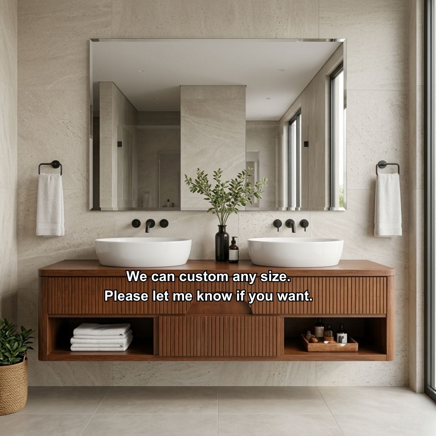 Floating Bathroom Vanity with Fluted Wood Front and Center Arch Drawer Design