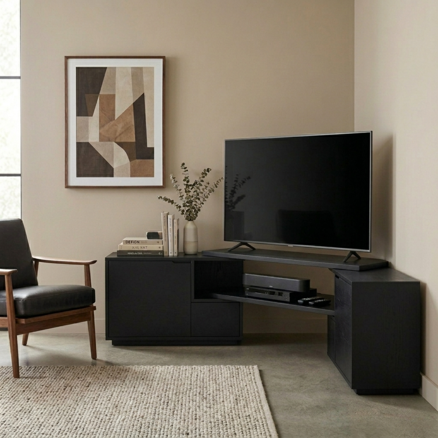 Solid Wood Corner TV Stand with Cabinet Storage and Extended Corner Media Shelf