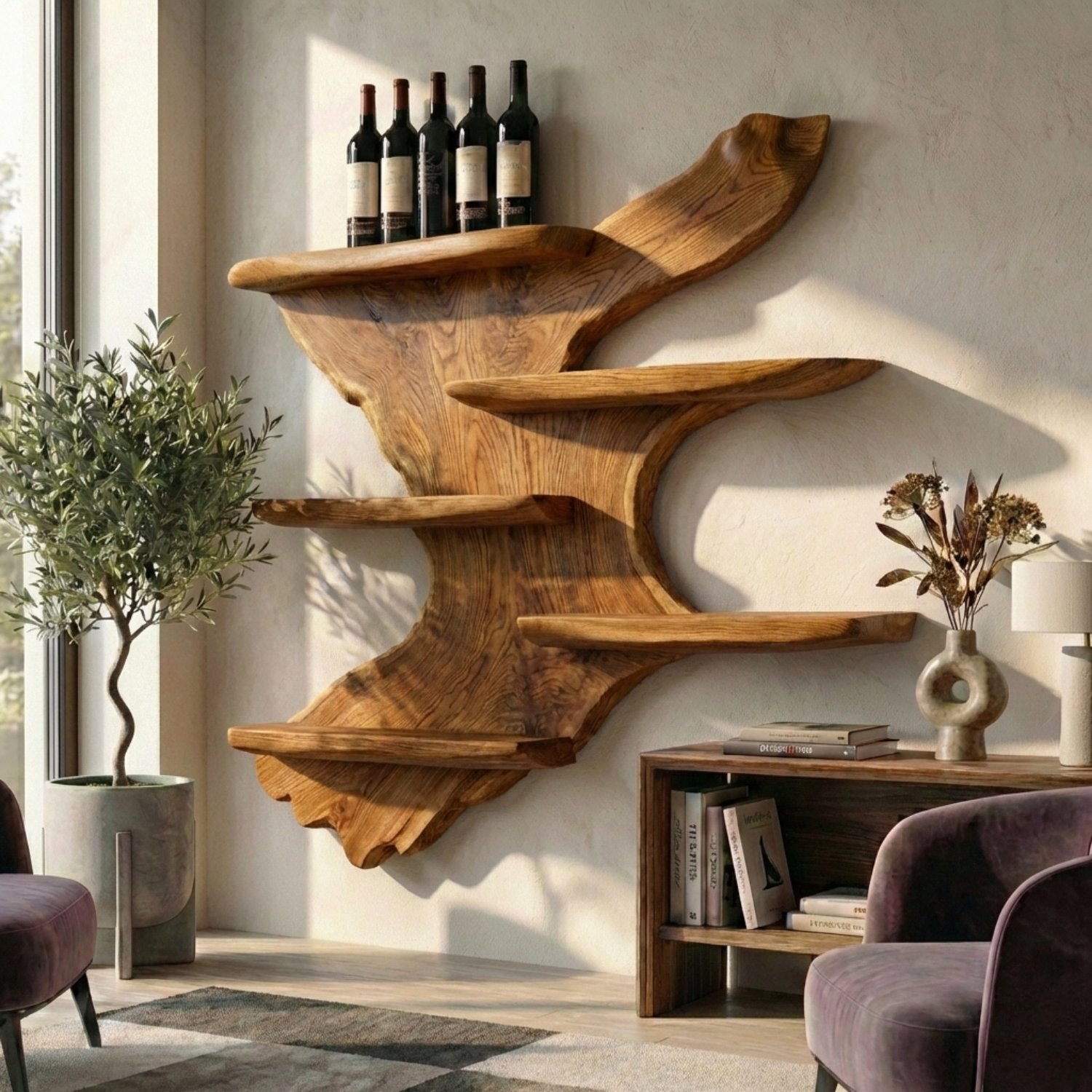 Handcrafted Solid Wood Wall Wine Holder – Sculptural Floating Wine Rack
