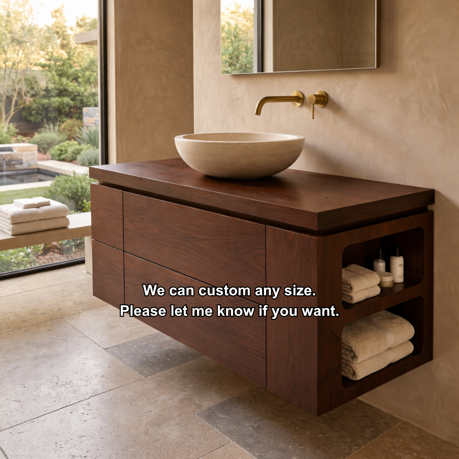 Floating Solid Wood Bathroom Vanity with Double Drawers and Integrated Side Open Shelves