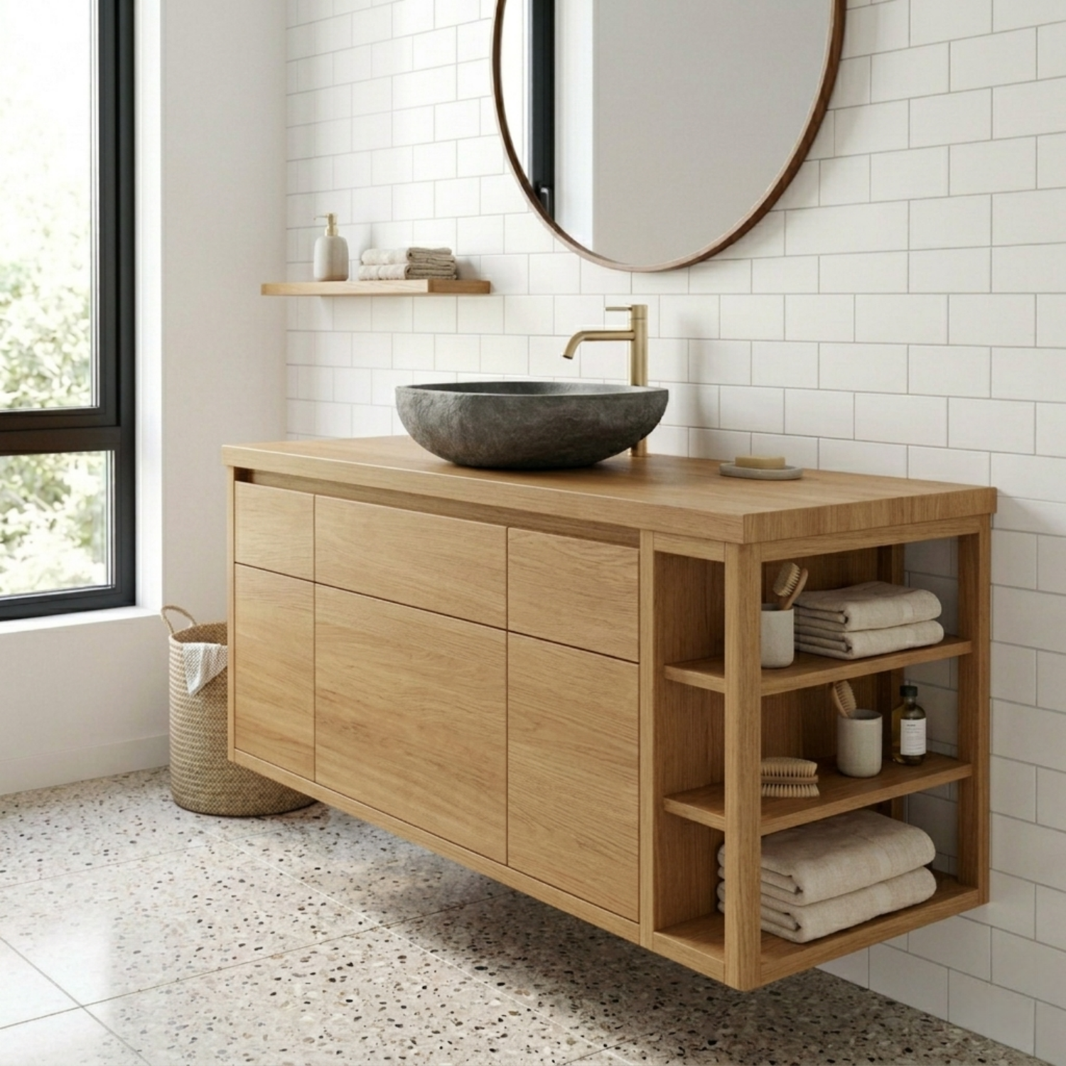 Floating Solid Wood Bathroom Vanity with Cabinet Doors and Side Open Shelving