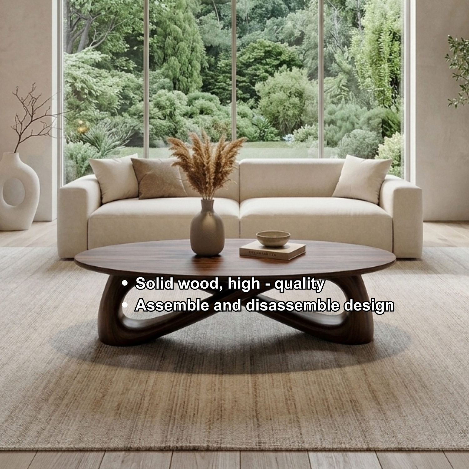 Solid Wood Round Coffee Table with Sculptural Base – Modern Living Room Table
