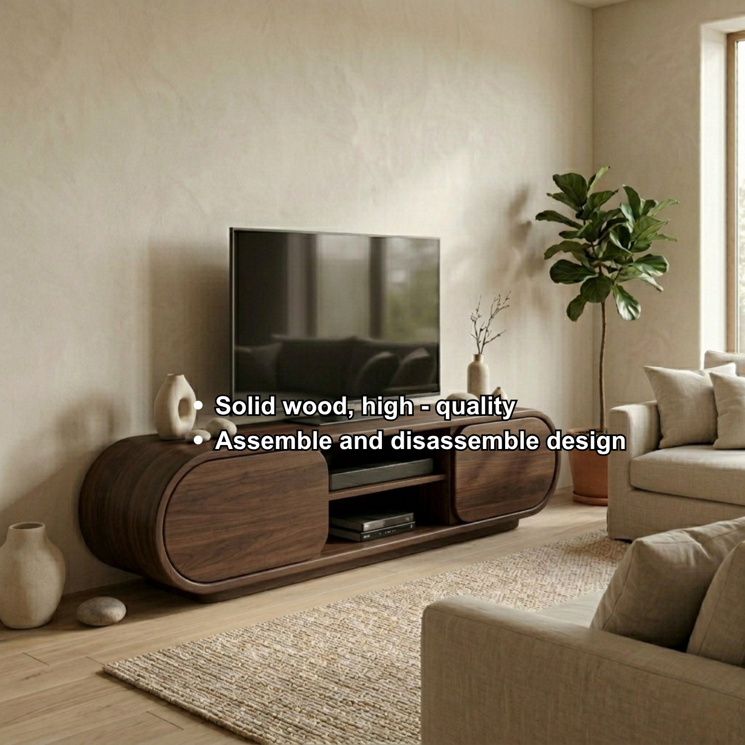 Solid Wood TV Stand with Curved Cabinet Doors and Open Shelf – Modern Media Console