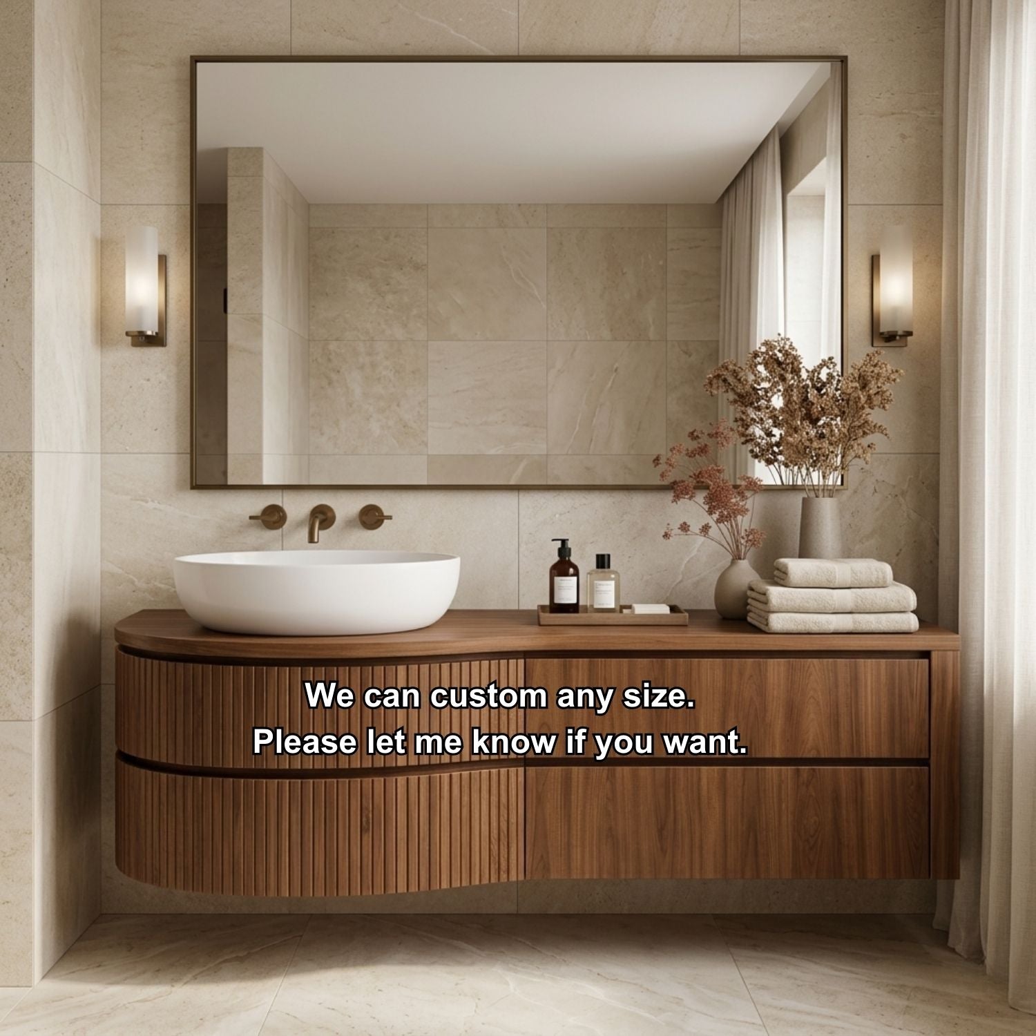 Curved Floating Bathroom Vanity with Fluted Wood Panels and Drawer Storage