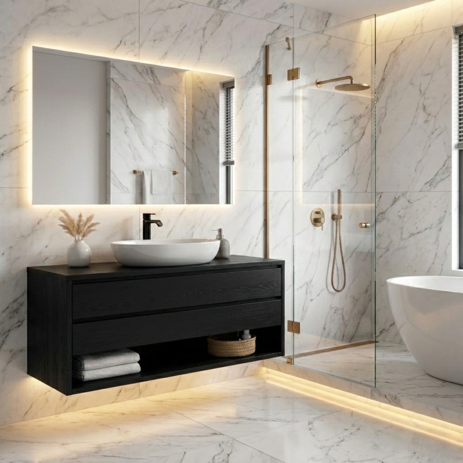Floating Solid Wood Bathroom Vanity with Drawers and Open Shelf – Wall Mounted
