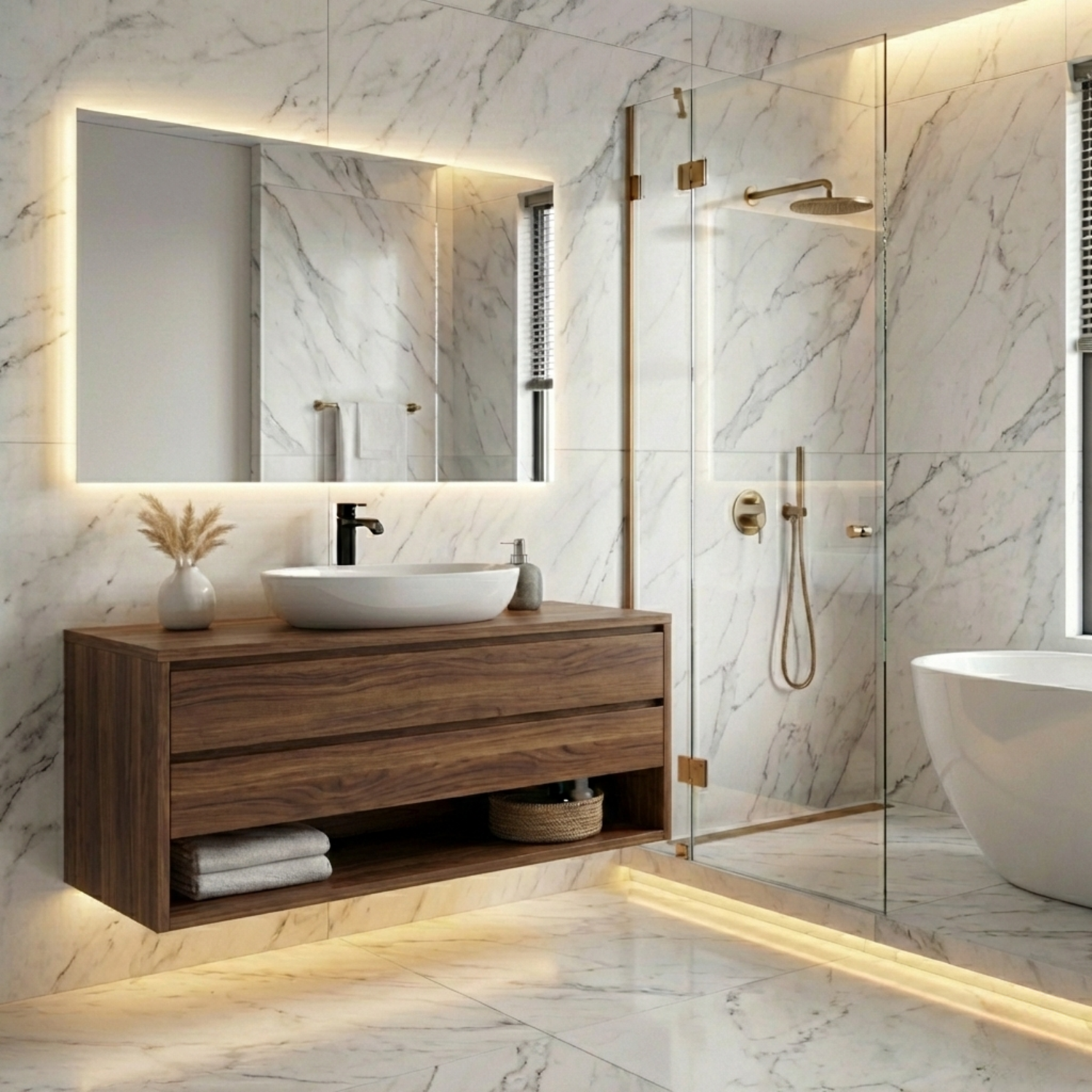 Floating Solid Wood Bathroom Vanity with Drawers and Open Shelf – Wall Mounted