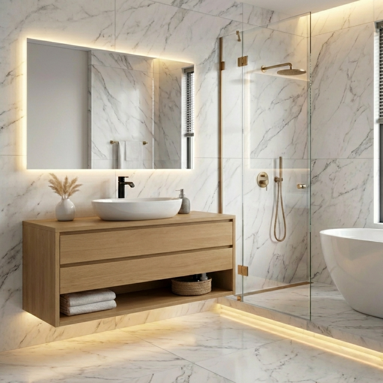 Floating Solid Wood Bathroom Vanity with Drawers and Open Shelf – Wall Mounted