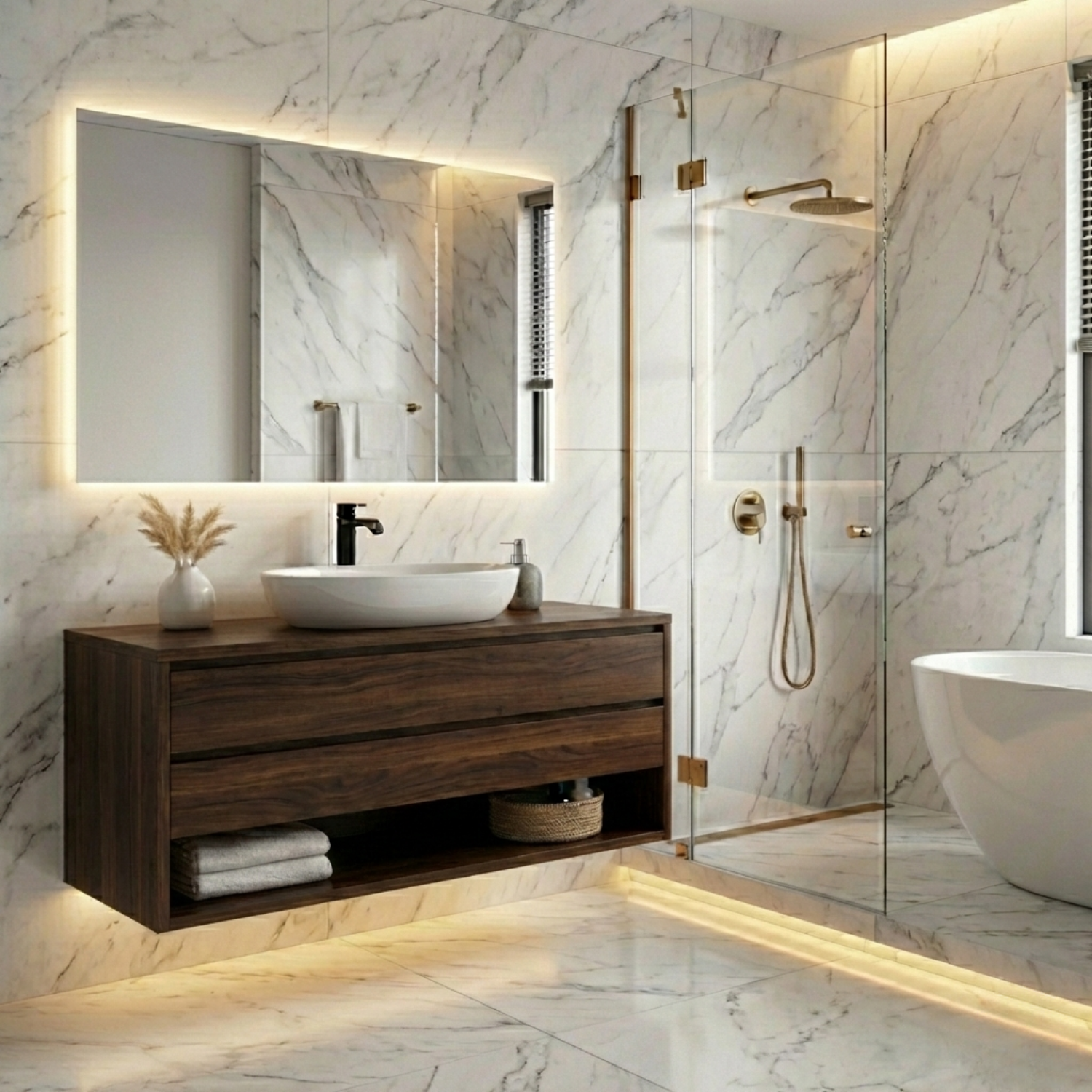 Floating Solid Wood Bathroom Vanity with Drawers and Open Shelf – Wall Mounted
