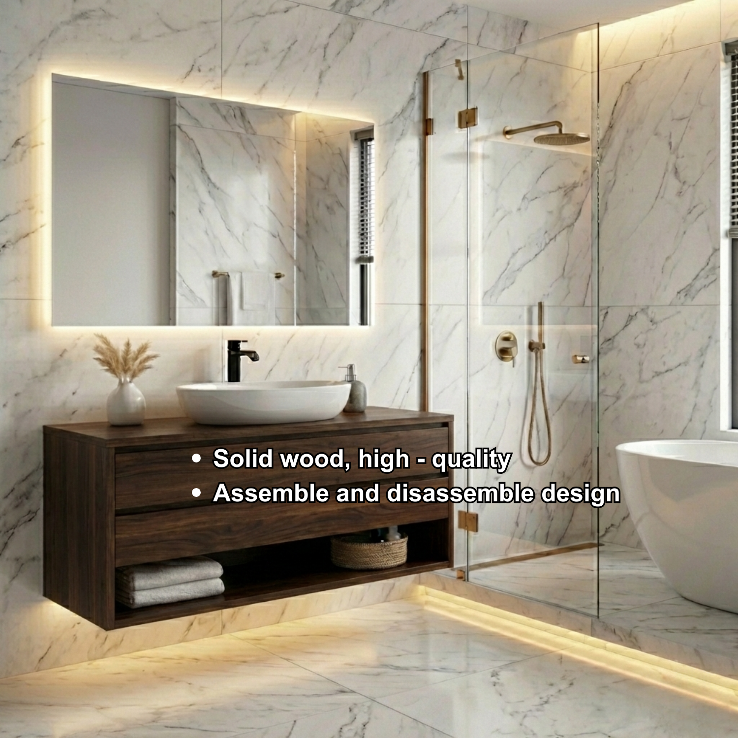 Floating Solid Wood Bathroom Vanity with Drawers and Open Shelf – Wall Mounted