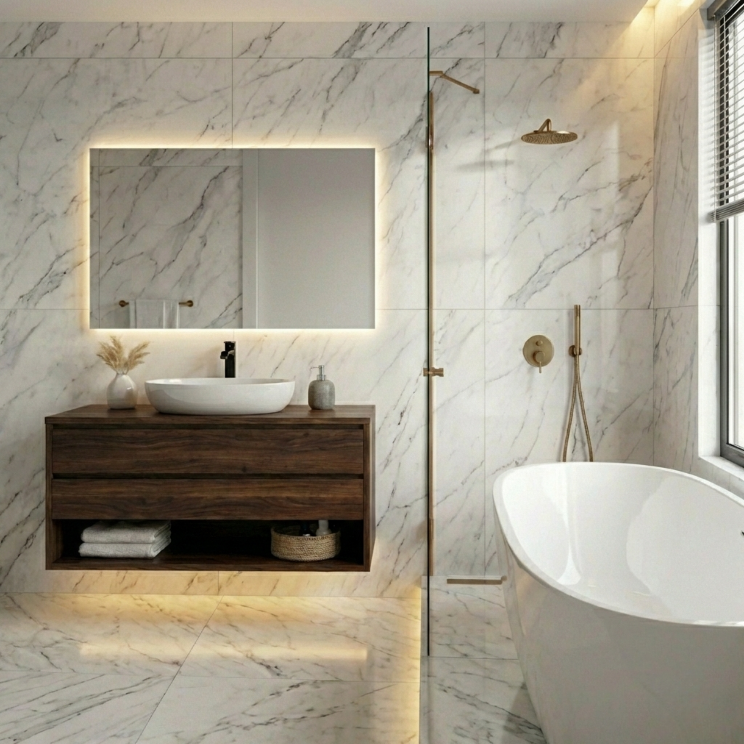 Floating Solid Wood Bathroom Vanity with Drawers and Open Shelf – Wall Mounted